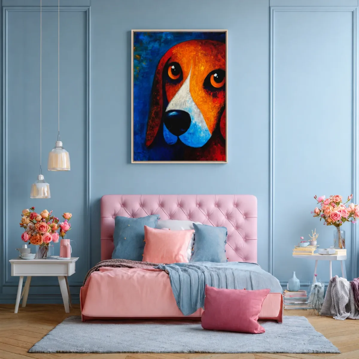 Framed Colorful Dog Canvas Wall Art – Vibrant Basset Hound Portrait for Modern Decor