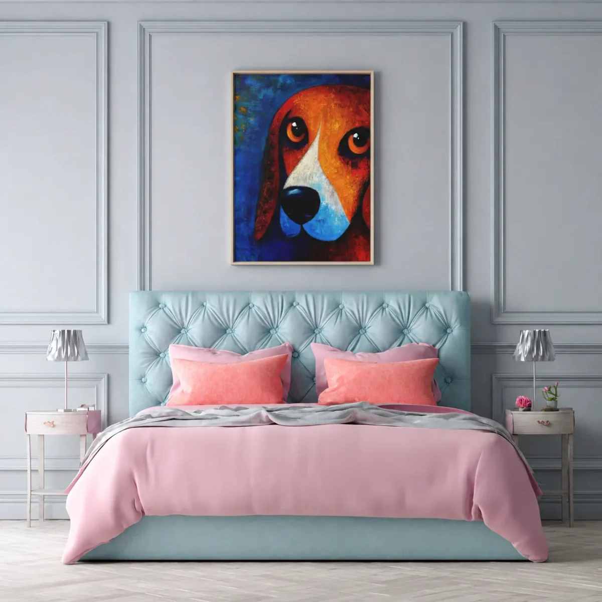 Framed Colorful Dog Canvas Wall Art – Vibrant Basset Hound Portrait for Modern Decor