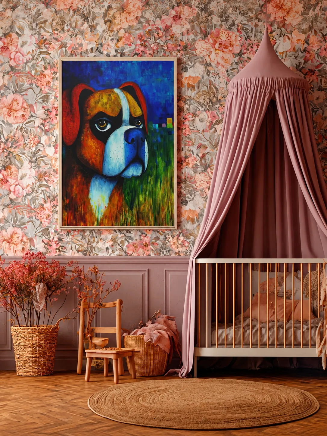 Expressive Boxer Dog Framed Canvas Wall Art, Colorful Modern Pet Portrait