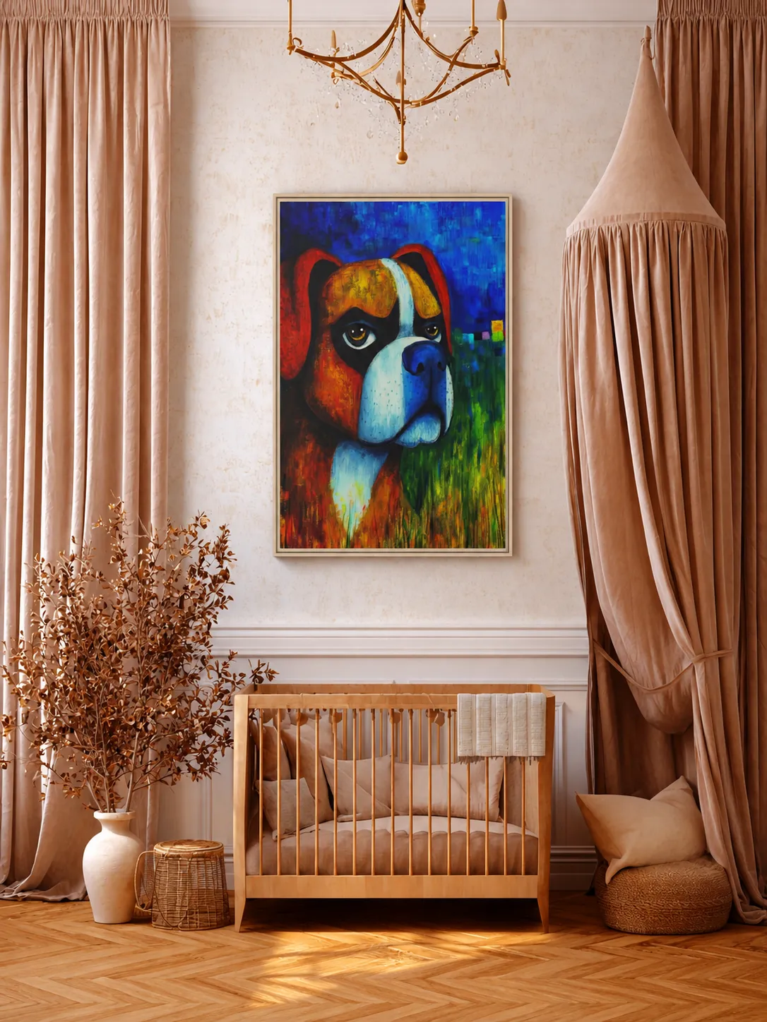 Expressive Boxer Dog Framed Canvas Wall Art, Colorful Modern Pet Portrait