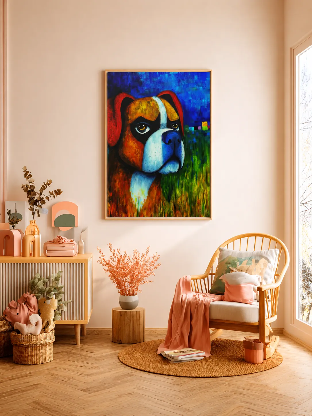 Expressive Boxer Dog Framed Canvas Wall Art, Colorful Modern Pet Portrait
