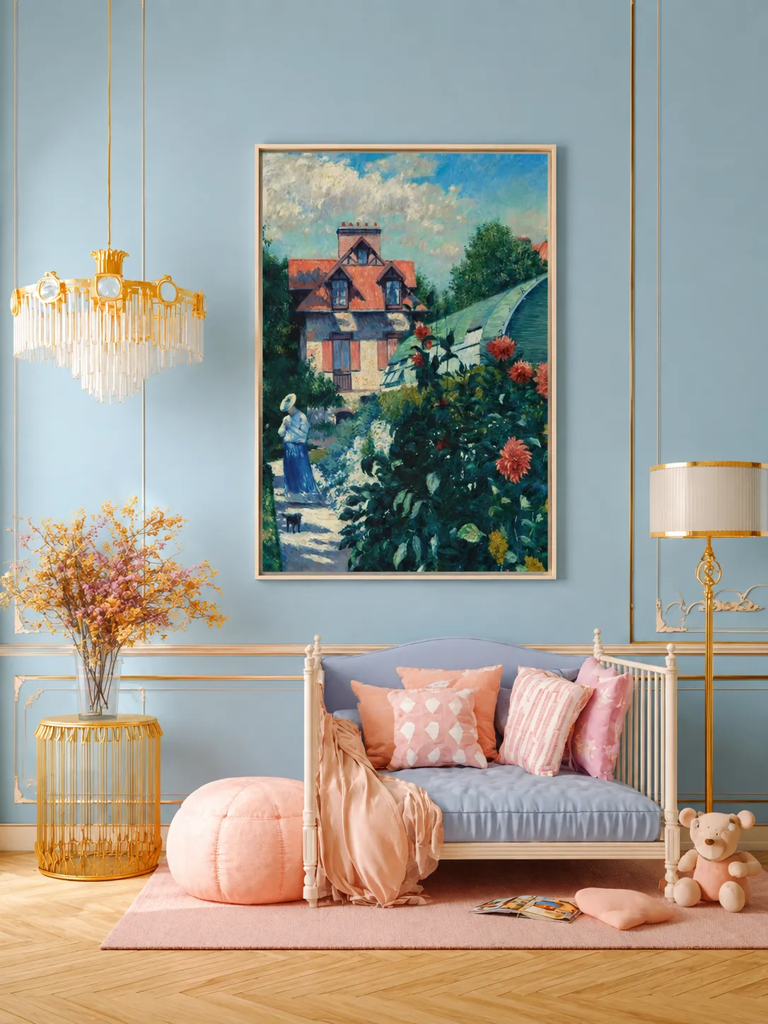 Framed French Countryside Wall Art – Vintage Garden Cottage Landscape Canvas