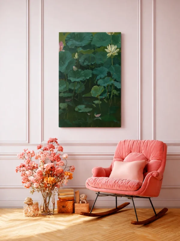 Vintage Lotus Pond Canvas Wall Art – Moody Botanical Water Lily Painting Decor