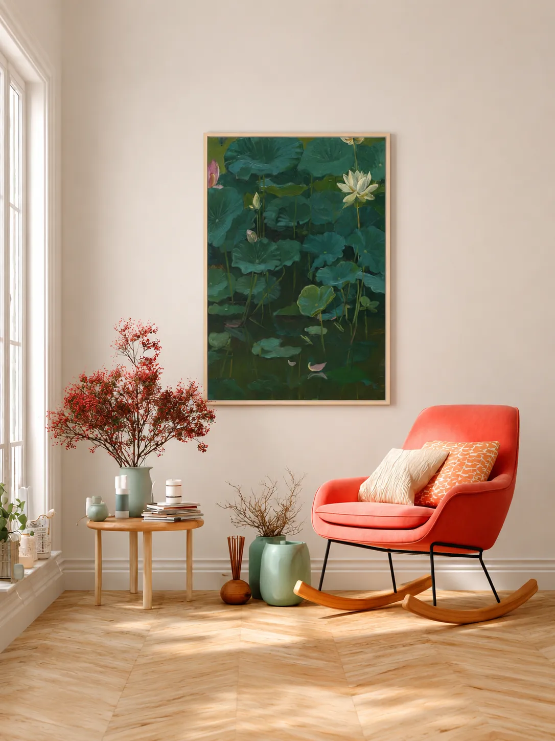 Framed Lotus Pond Canvas Wall Art – Deep Green Water Lily Botanical Decor