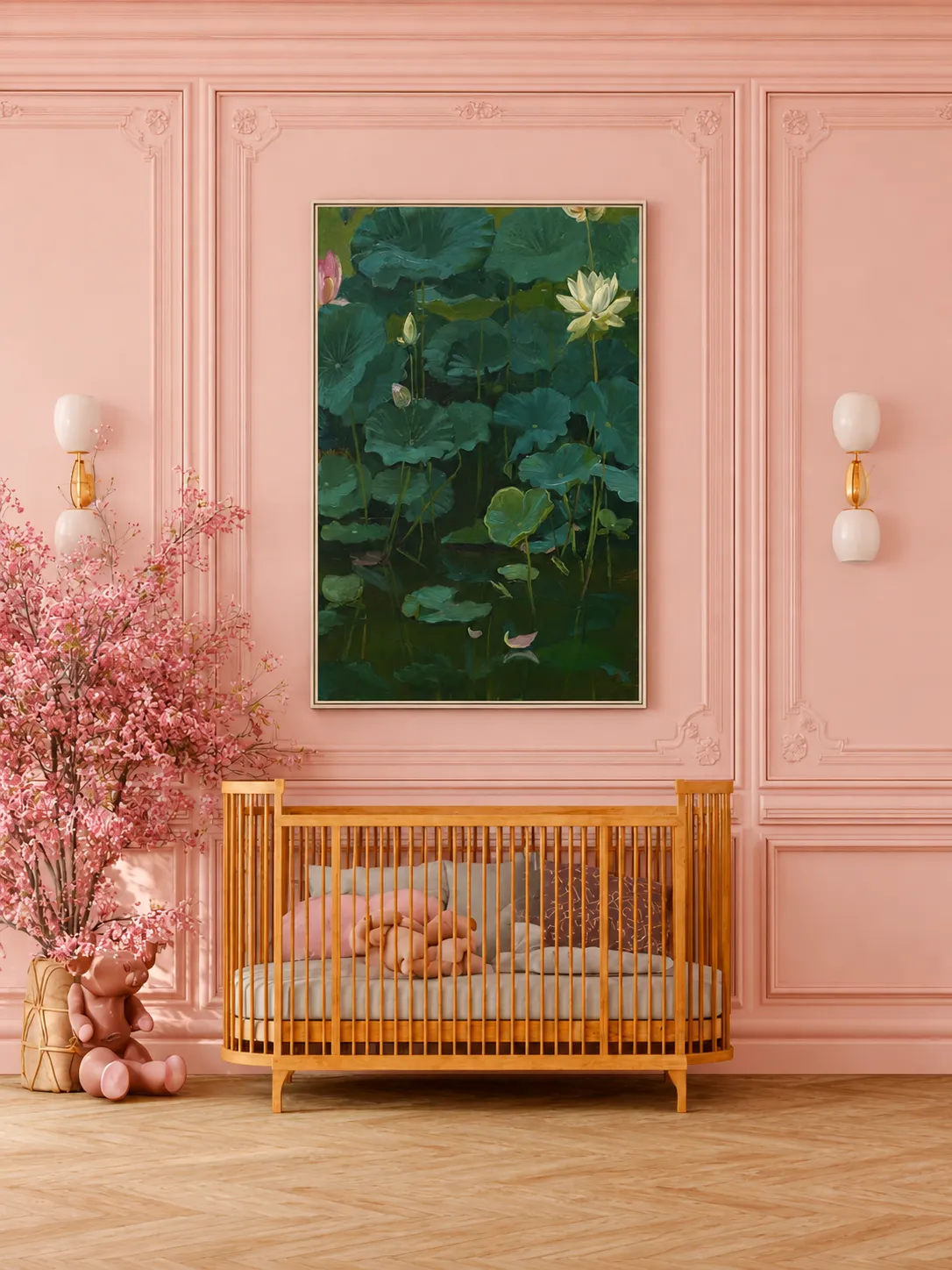 Framed Lotus Pond Canvas Wall Art – Deep Green Water Lily Botanical Decor