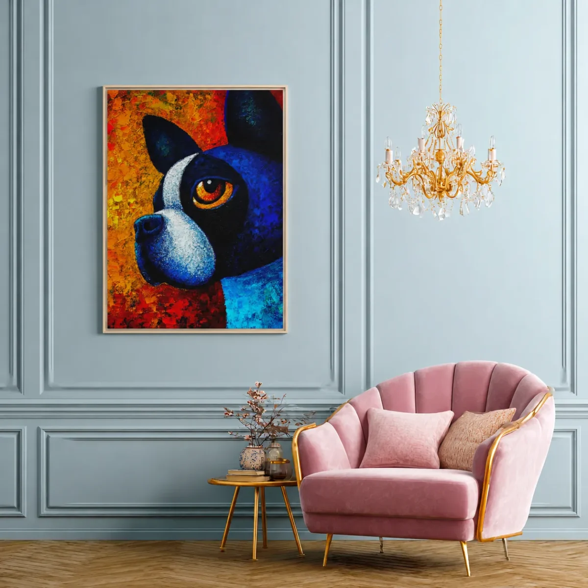 Framed Blue Dog Wall Art Canvas, Colorful Contemporary Pet Portrait Deco