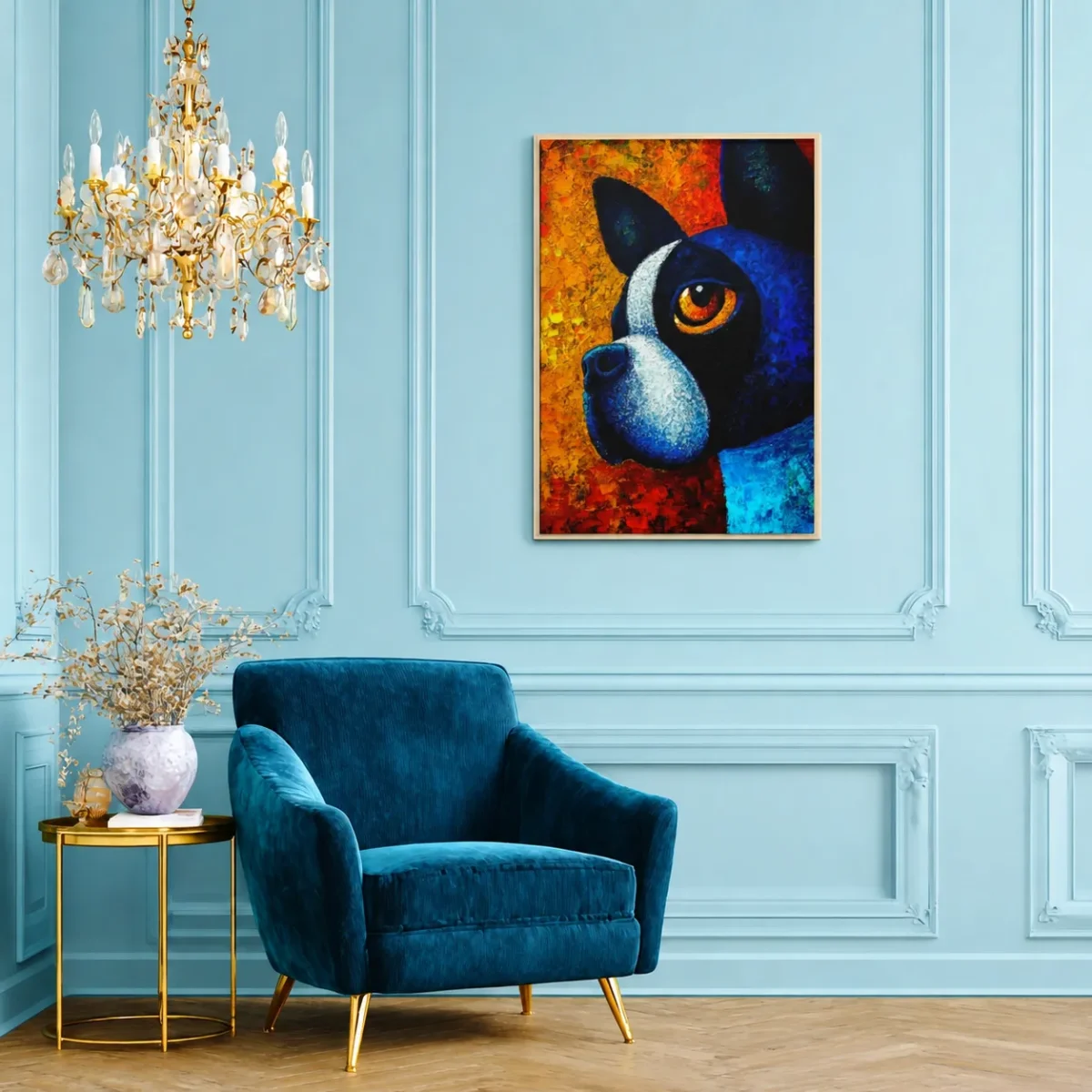 Framed Blue Dog Wall Art Canvas, Colorful Contemporary Pet Portrait Deco