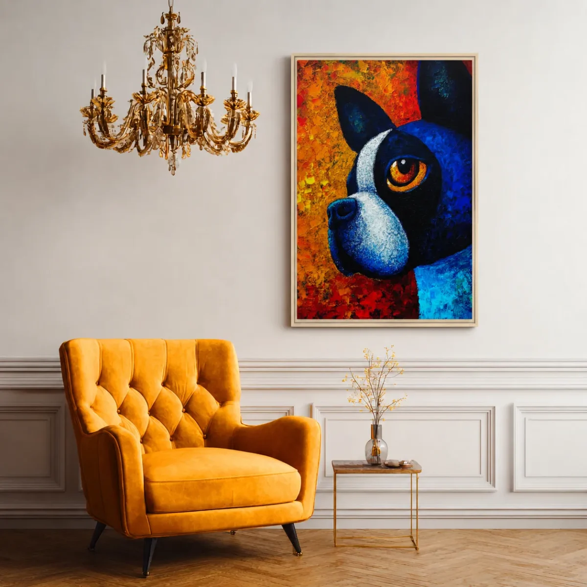 Framed Blue Dog Wall Art Canvas, Colorful Contemporary Pet Portrait Deco