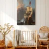 Vintage Maritime Sailing Ship Canvas Wall Art, Historic Naval Harbor Scene