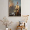 Vintage Maritime Sailing Ship Framed Canvas, Historic Harbor and Naval Wall Art