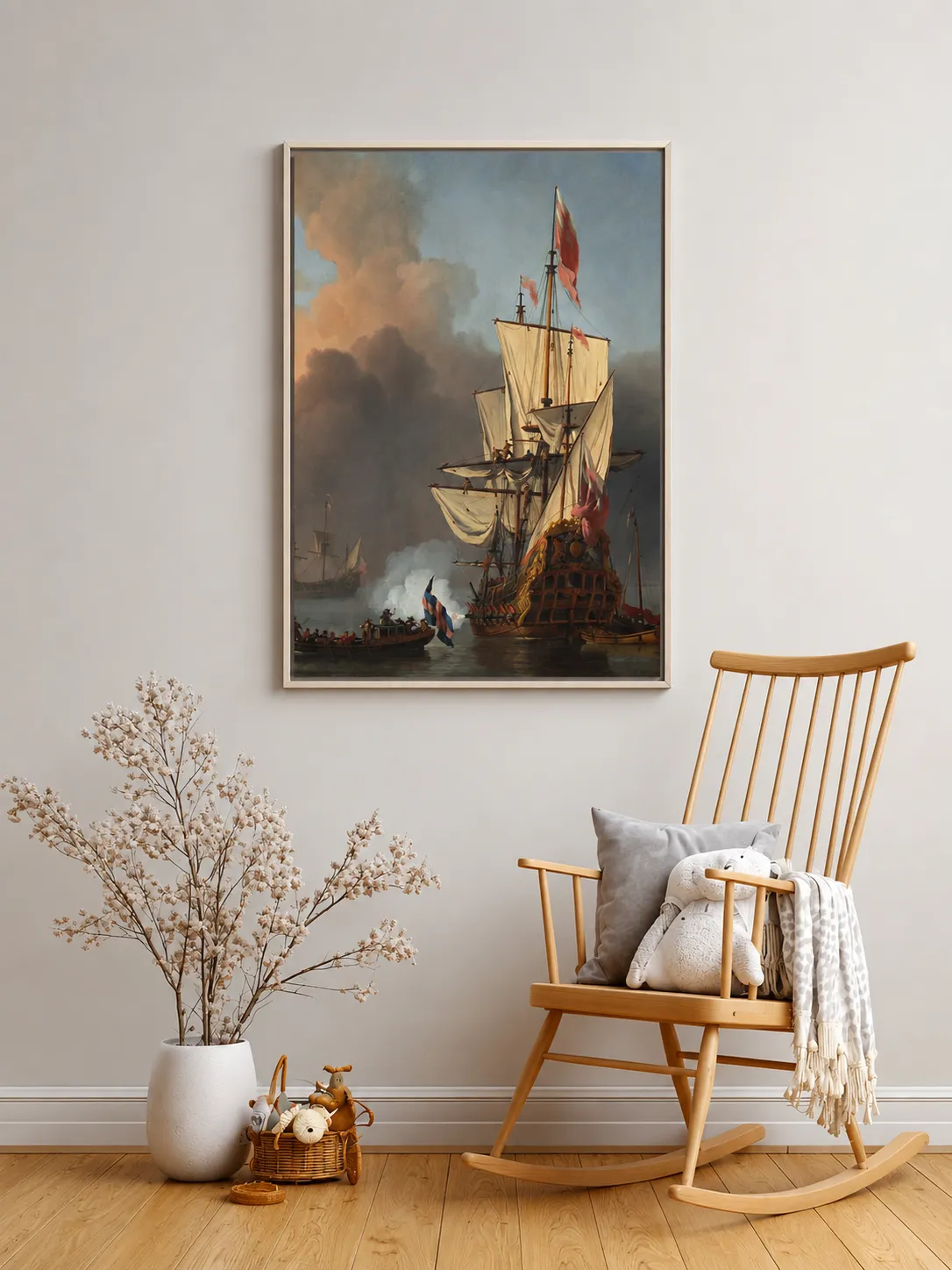 Vintage Maritime Sailing Ship Framed Canvas, Historic Harbor and Naval Wall Art