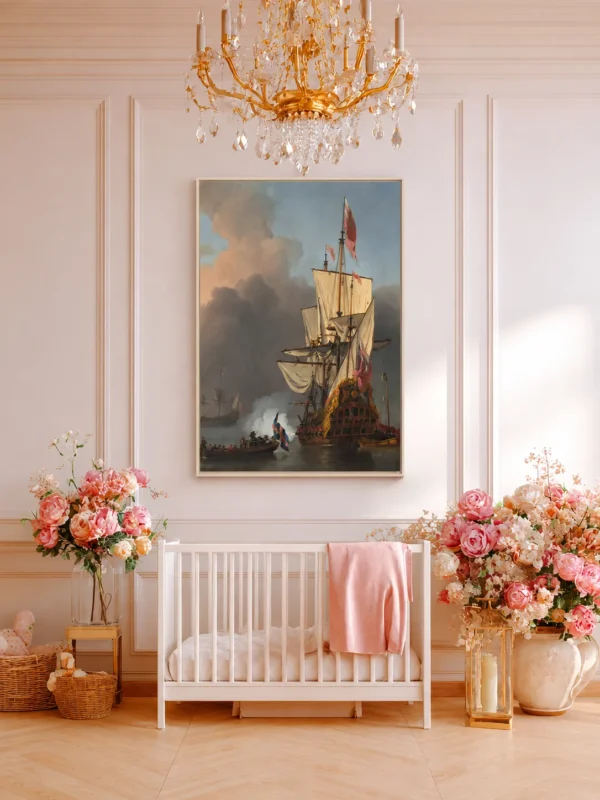 Vintage Maritime Sailing Ship Framed Canvas, Historic Harbor and Naval Wall Art