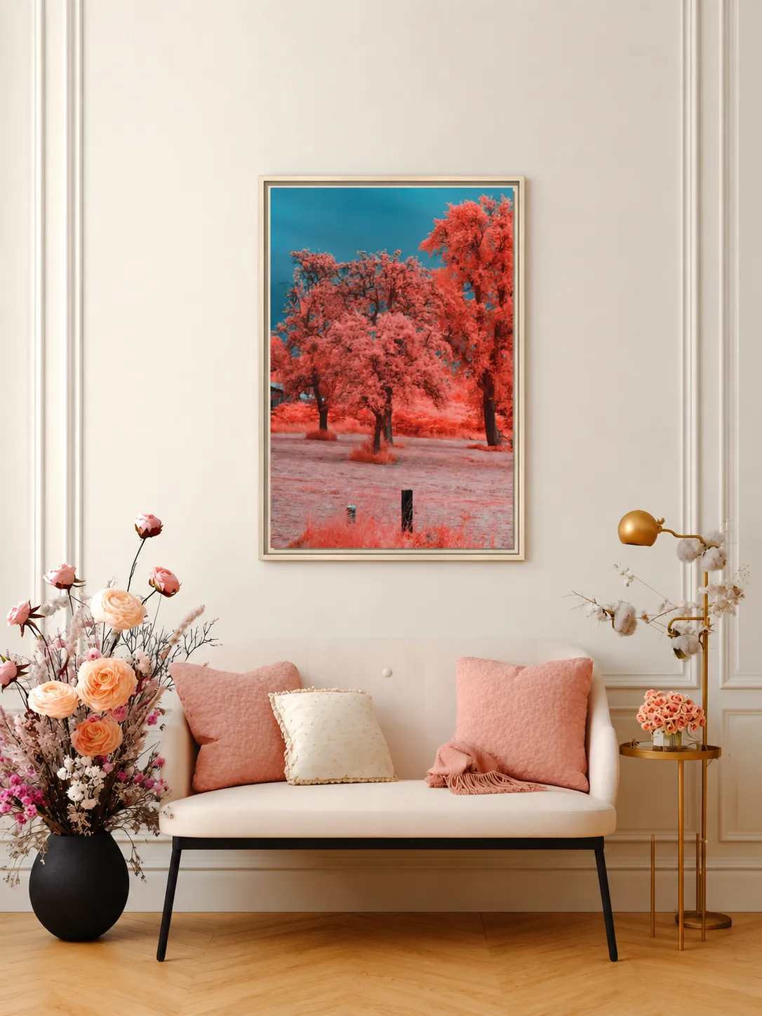 Coral Red Trees Framed Canvas, Premium Matte Canvas Nature Wall Art in Teal