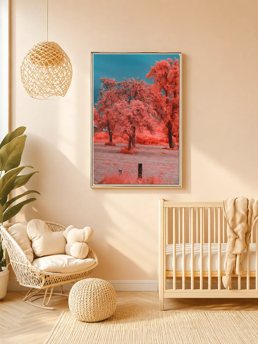 Coral Red Trees Framed Canvas, Premium Matte Canvas Nature Wall Art in Teal