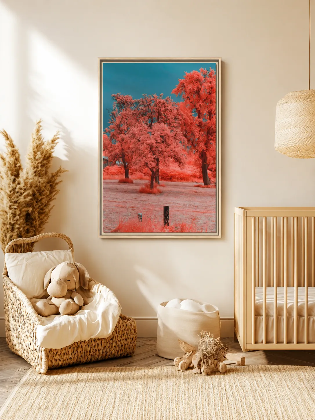 Coral Red Trees Framed Canvas, Premium Matte Canvas Nature Wall Art in Teal