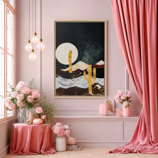Celestial Desert Landscape Wall Art – Premium Matte Framed Canvas with Cactus