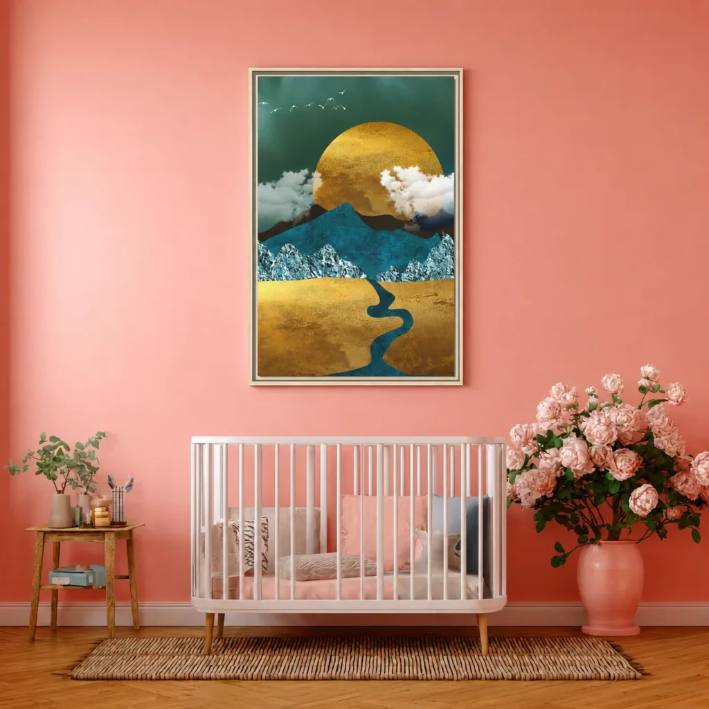 Golden Mountain River Wall Art – Premium Matte Multi-Color Framed Canvas