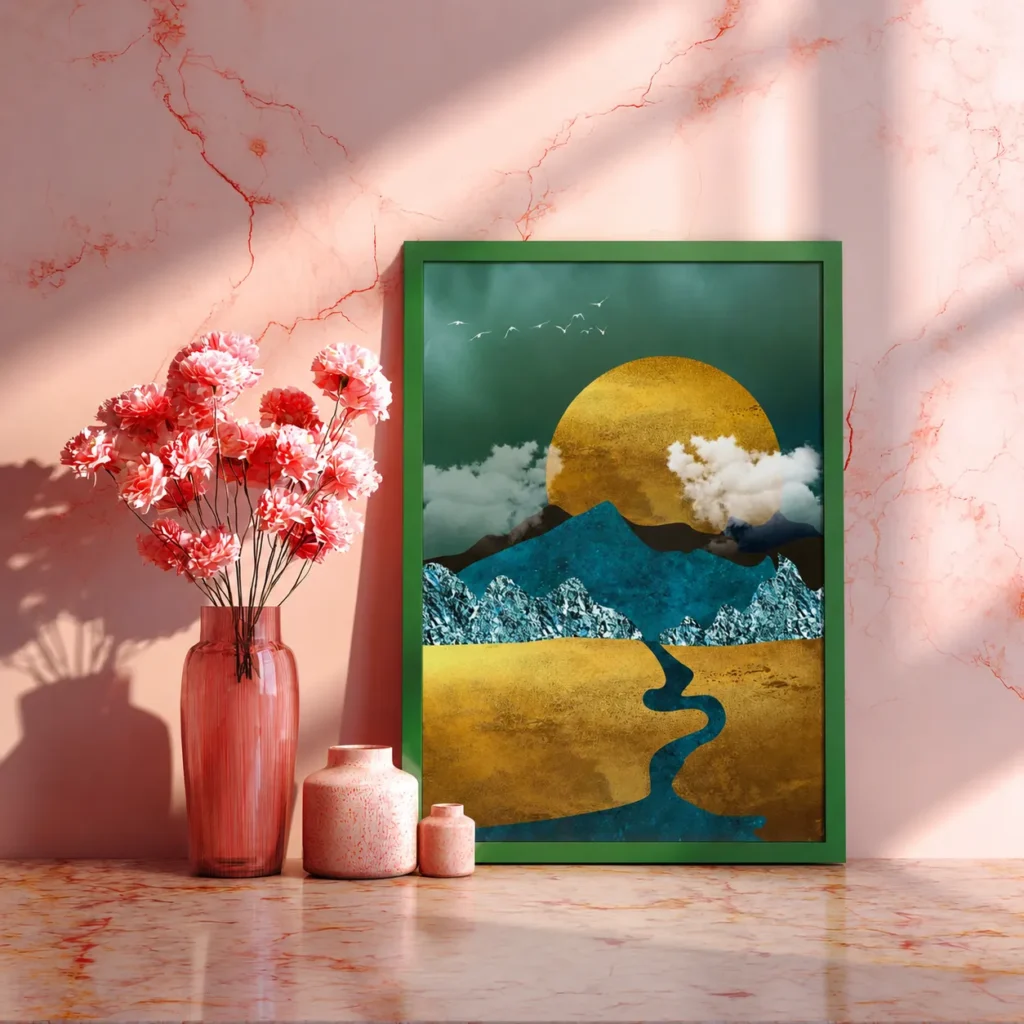 Turquoise Mountain River Landscape Wall Art – Premium Matte Paper Multi-Color Framed Print