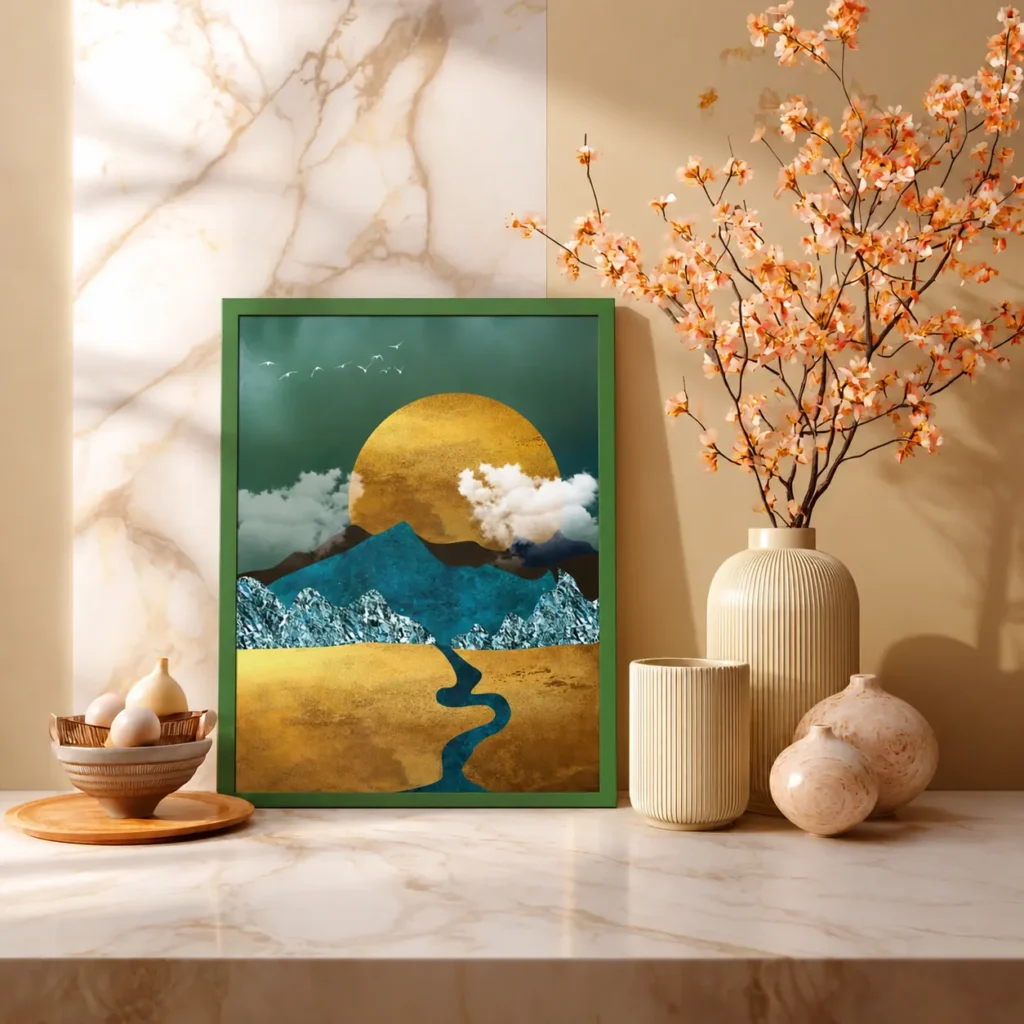 Turquoise Mountain River Landscape Wall Art – Premium Matte Paper Multi-Color Framed Print