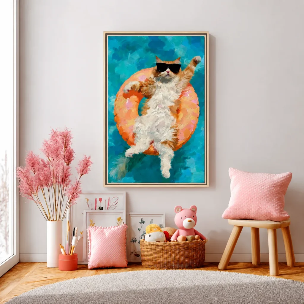 Cool Cat Pool Float Framed Canvas Print — Retro Sunglasses Summer Wall Art