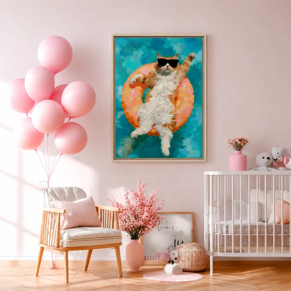 Cool Cat Pool Float Framed Canvas Print — Retro Sunglasses Summer Wall Art