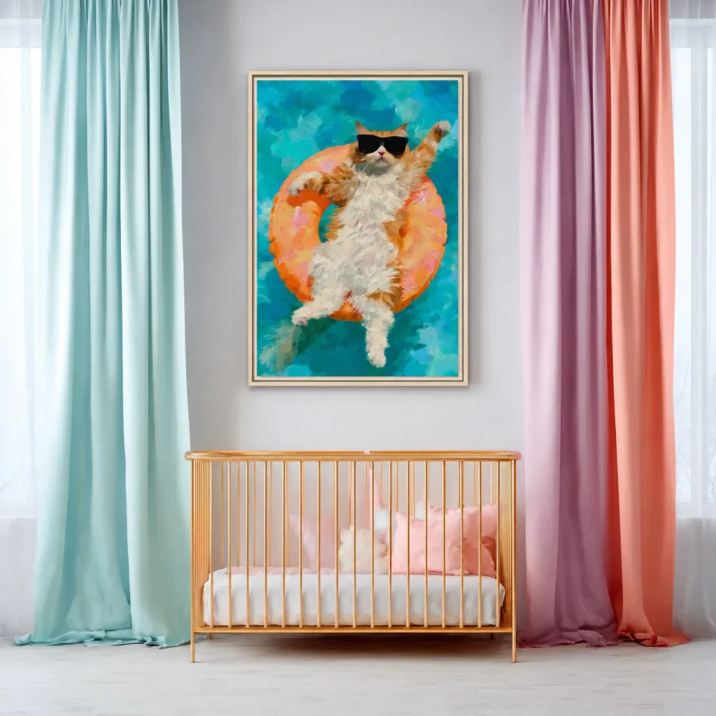 Cool Cat Pool Float Framed Canvas Print — Retro Sunglasses Summer Wall Art