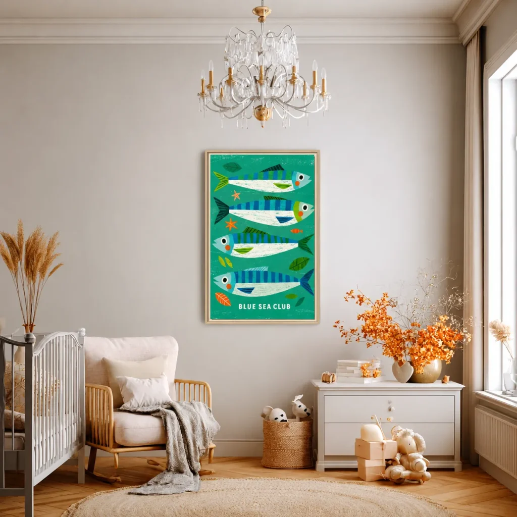 Colorful Blue Sea Fish Wall Art, Premium Matte Framed Canvas