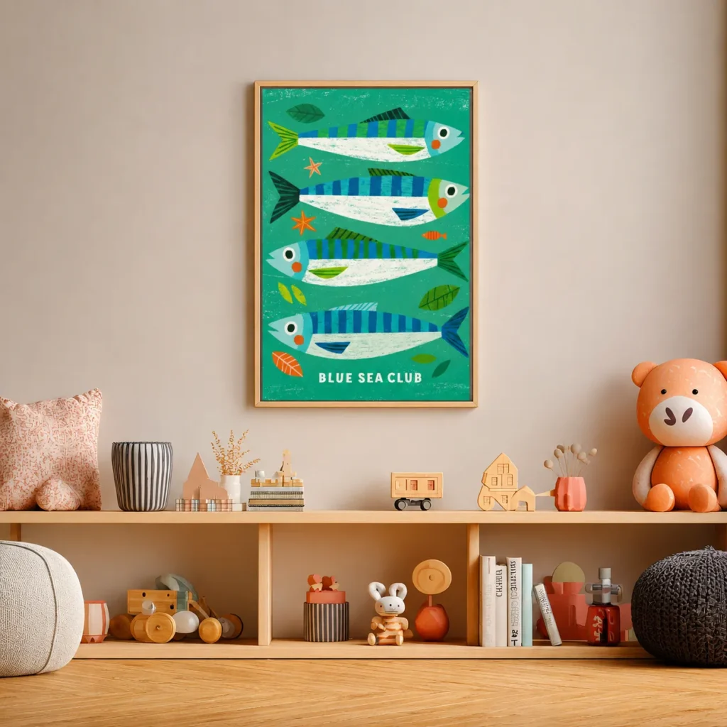 Colorful Blue Sea Fish Wall Art, Premium Matte Framed Canvas
