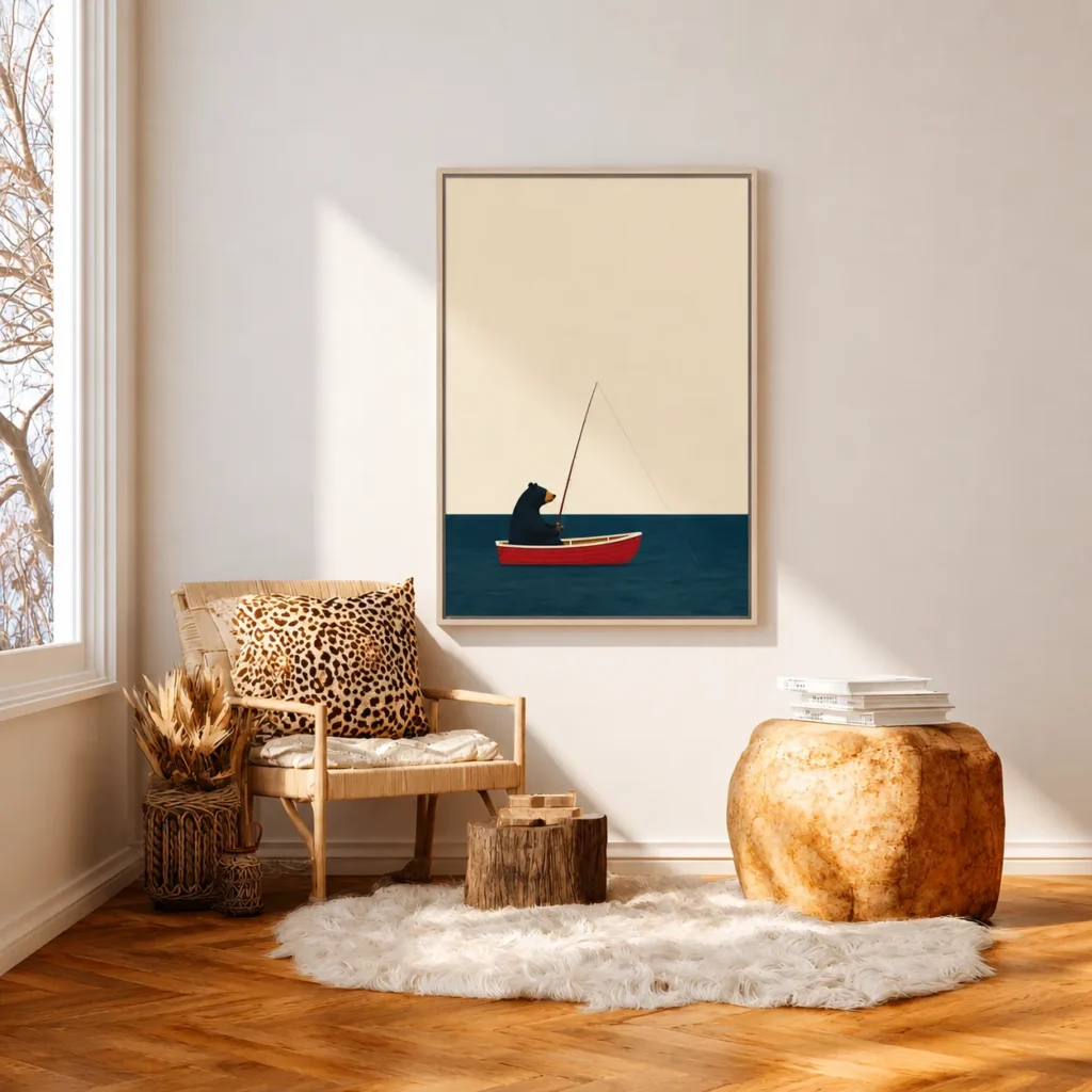Fishing Bear Wall Art – Premium Matte Framed Canvas, Coastal Wildlife Decor