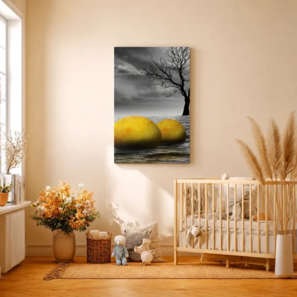 Golden Spheres Seascape Wall Art, Premium Matte Canvas, Moody Coastal Decor