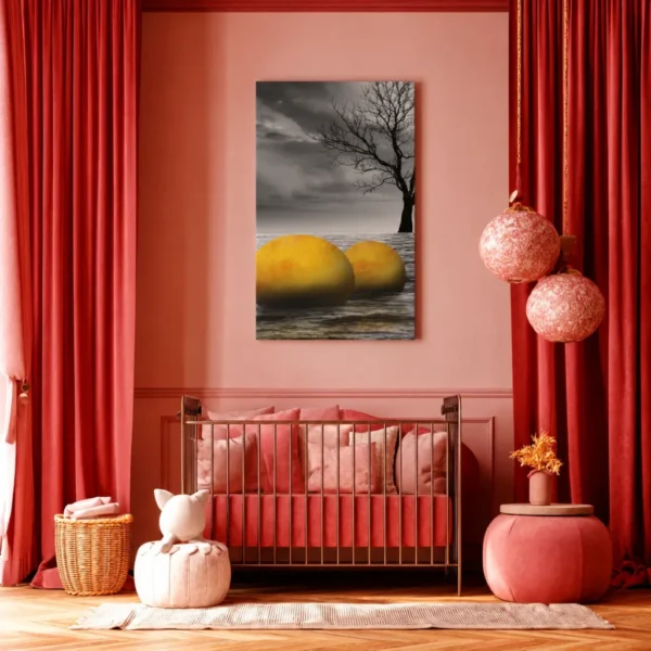 Golden Spheres Seascape Wall Art, Premium Matte Canvas, Moody Coastal Decor