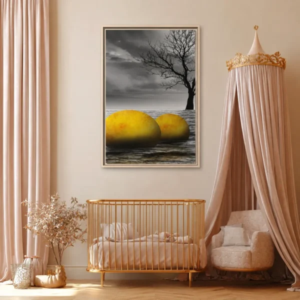 Golden Spheres Coastal Wall Art, Premium Matte Framed Canvas, Surreal Decor