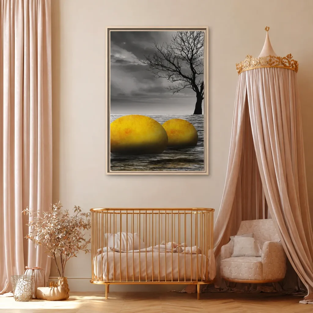 Golden Spheres Coastal Wall Art, Premium Matte Framed Canvas, Surreal Decor
