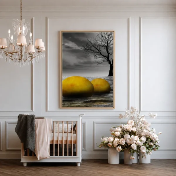 Golden Spheres Coastal Wall Art, Premium Matte Framed Canvas, Surreal Decor