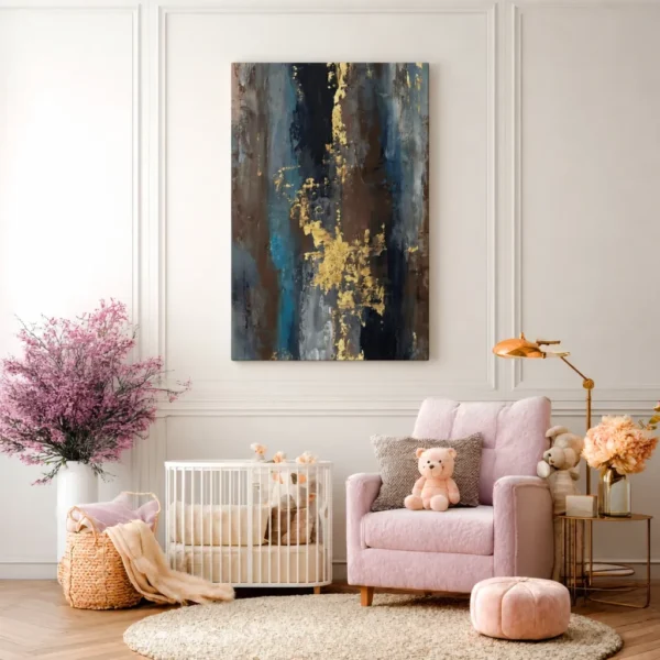Midnight Gilded Tides – Textured Blue Gold Abstract Wall Art, Premium Matte Canvas