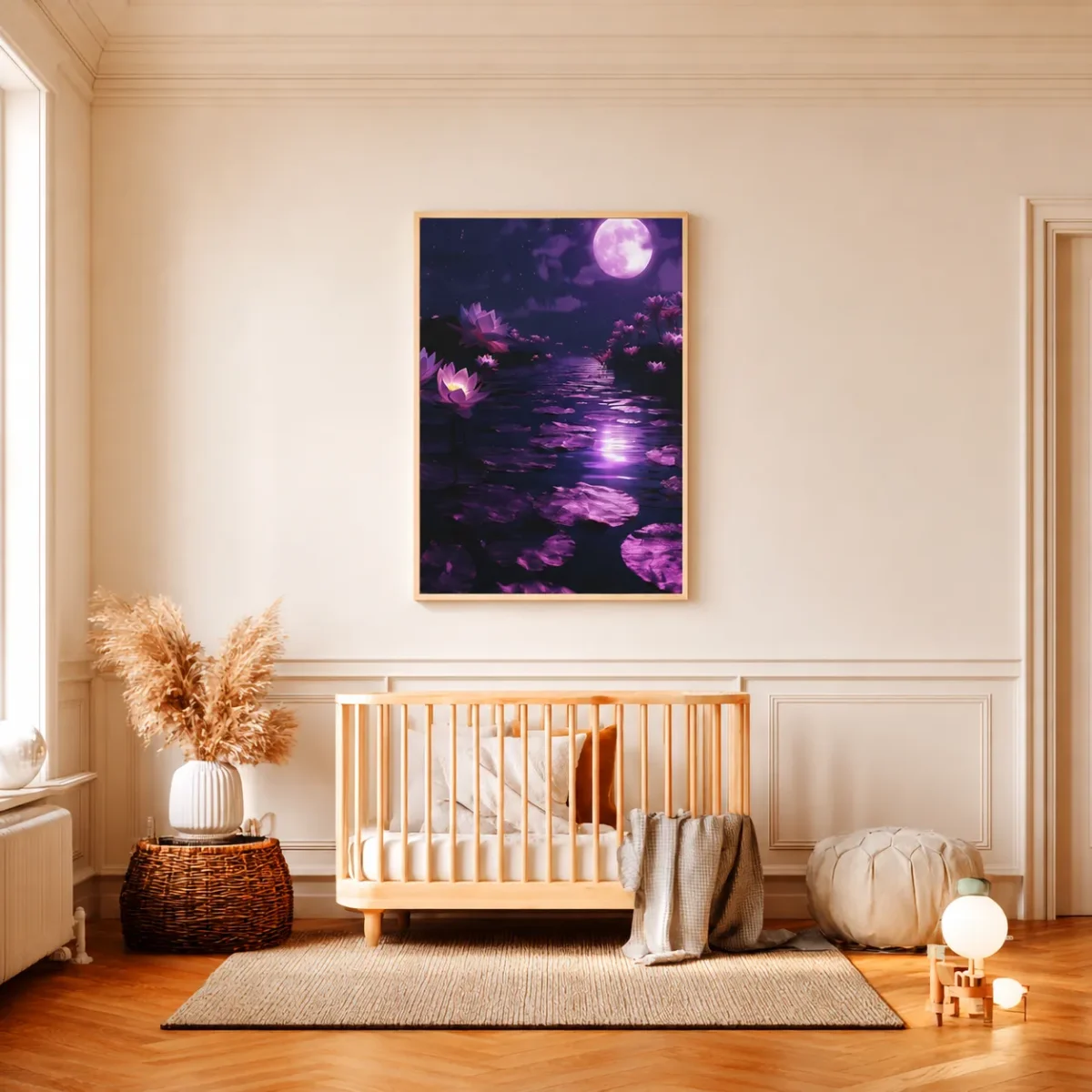 Moonlit Lotus Framed Canvas Wall Art | Purple Botanical Landscape for Modern Decor