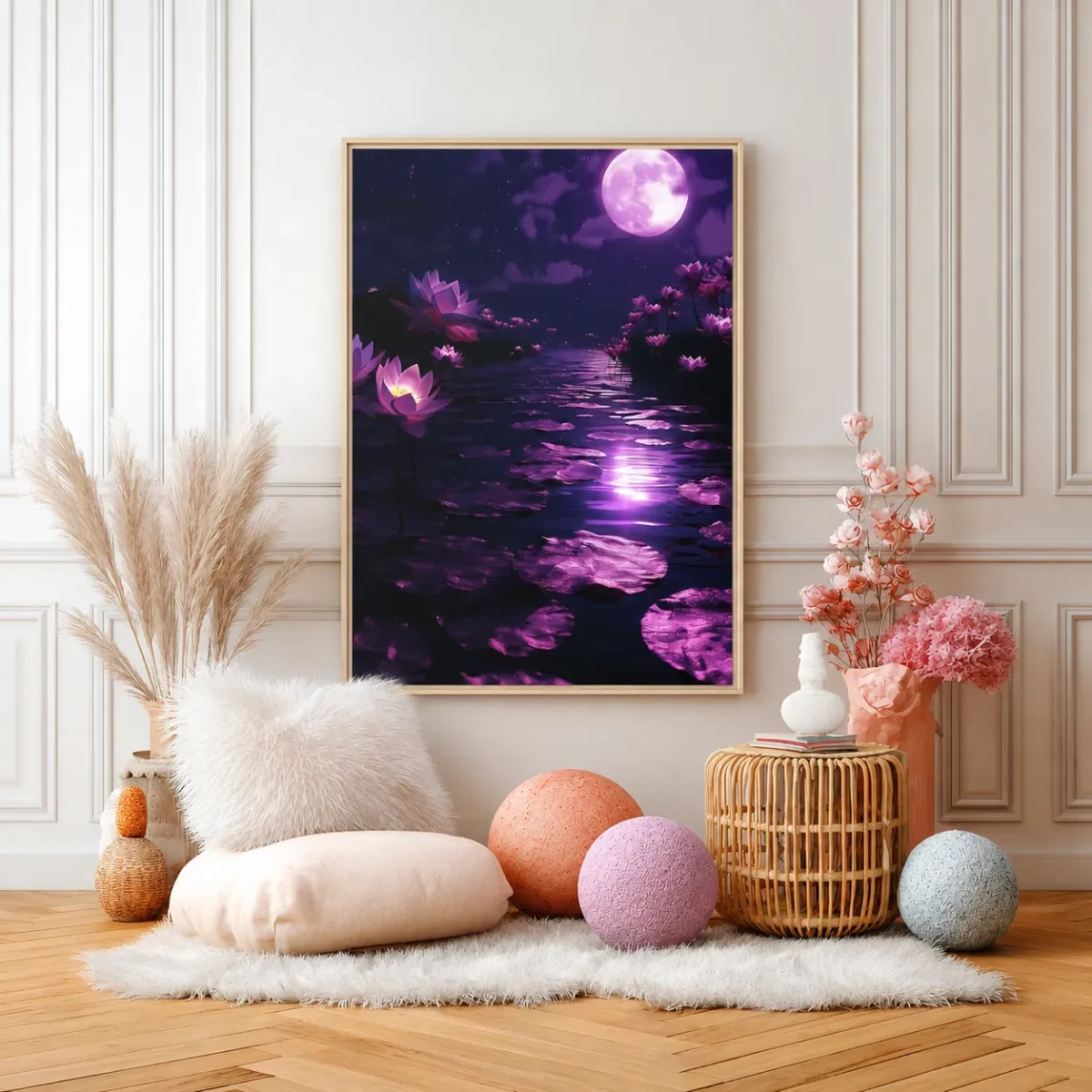 Moonlit Lotus Framed Canvas Wall Art | Purple Botanical Landscape for Modern Decor