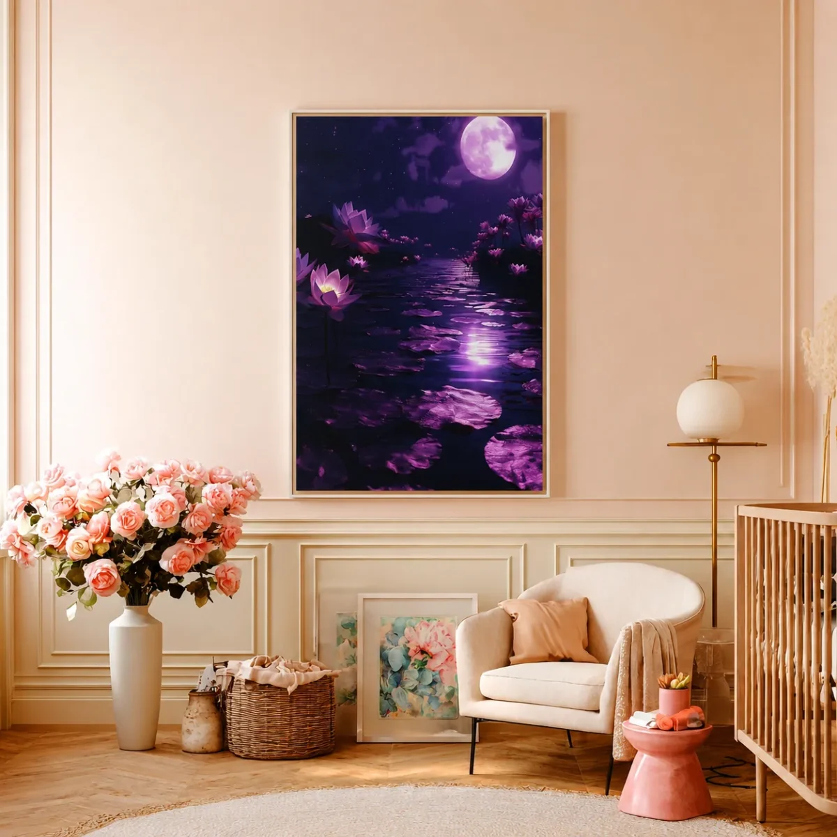 Moonlit Lotus Framed Canvas Wall Art | Purple Botanical Landscape for Modern Decor