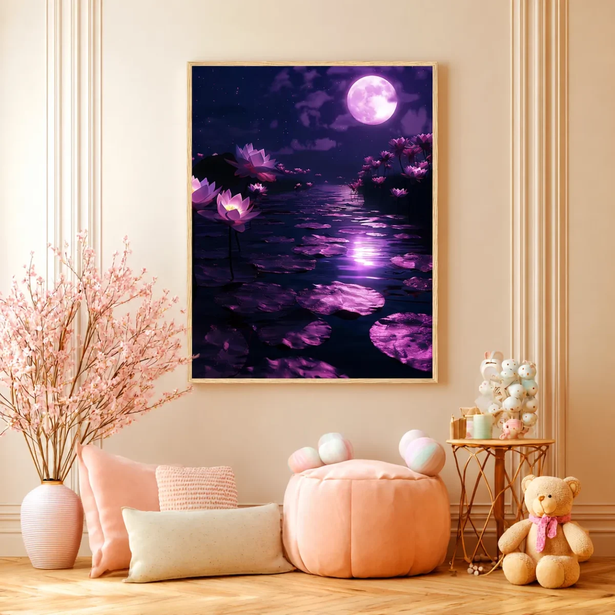 Moonlit Lotus Framed Prints | Premium Matte Botanical Moon Wall Art for Elegant Interiors