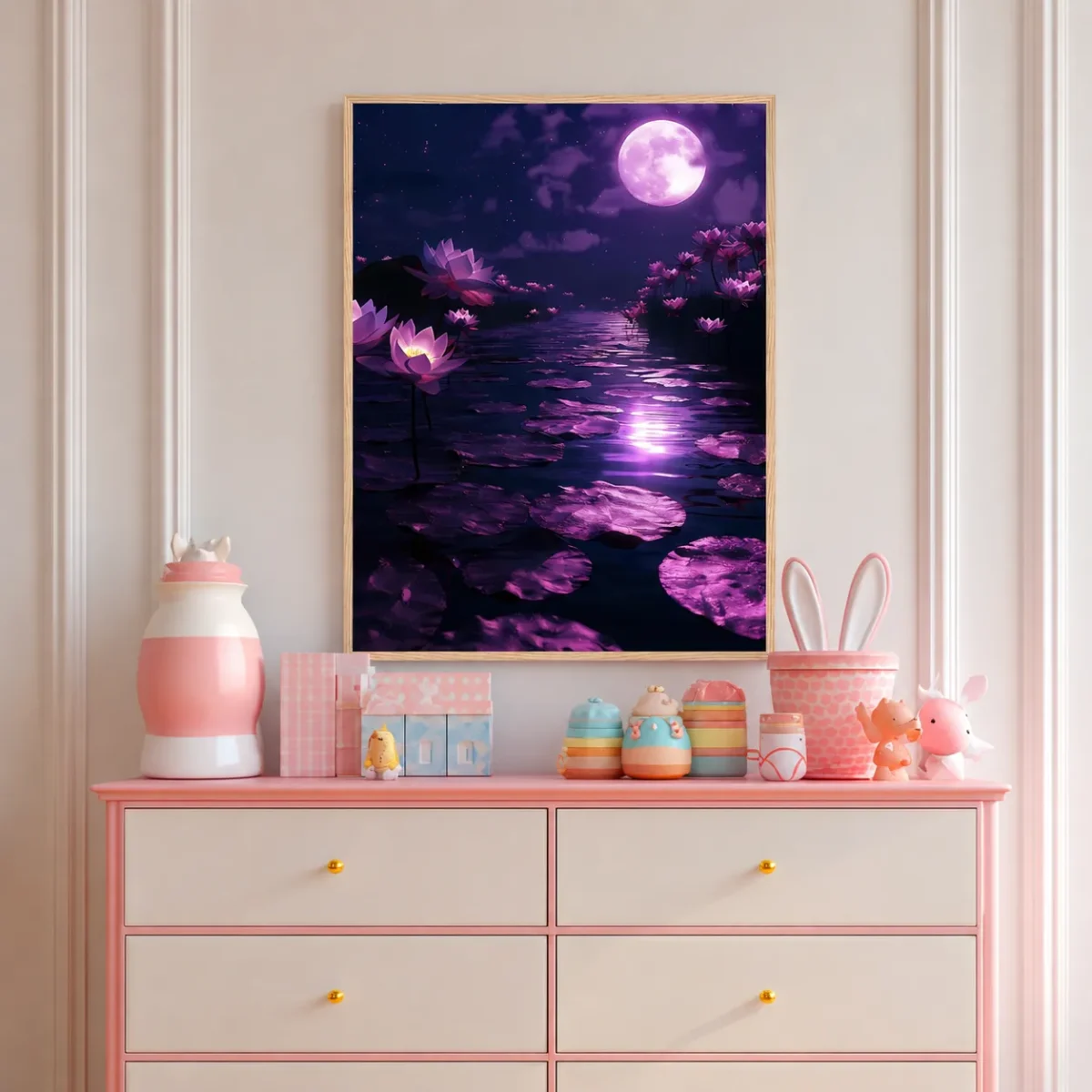 Moonlit Lotus Framed Prints | Premium Matte Botanical Moon Wall Art for Elegant Interiors