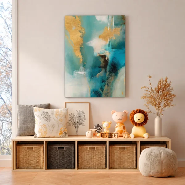 Teal Gold Abstract Canvas Wall Art | Luxury Matte Contemporary Artwork for Modern Interiors