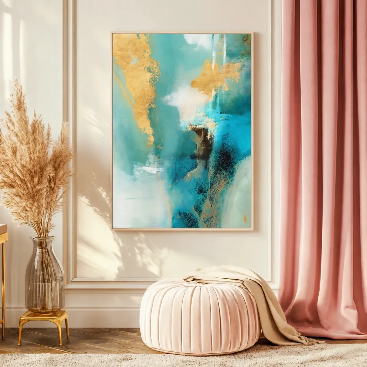 Teal Gold Framed Canvas Wall Art | Luxury Contemporary Abstract Matte Canvas Decor