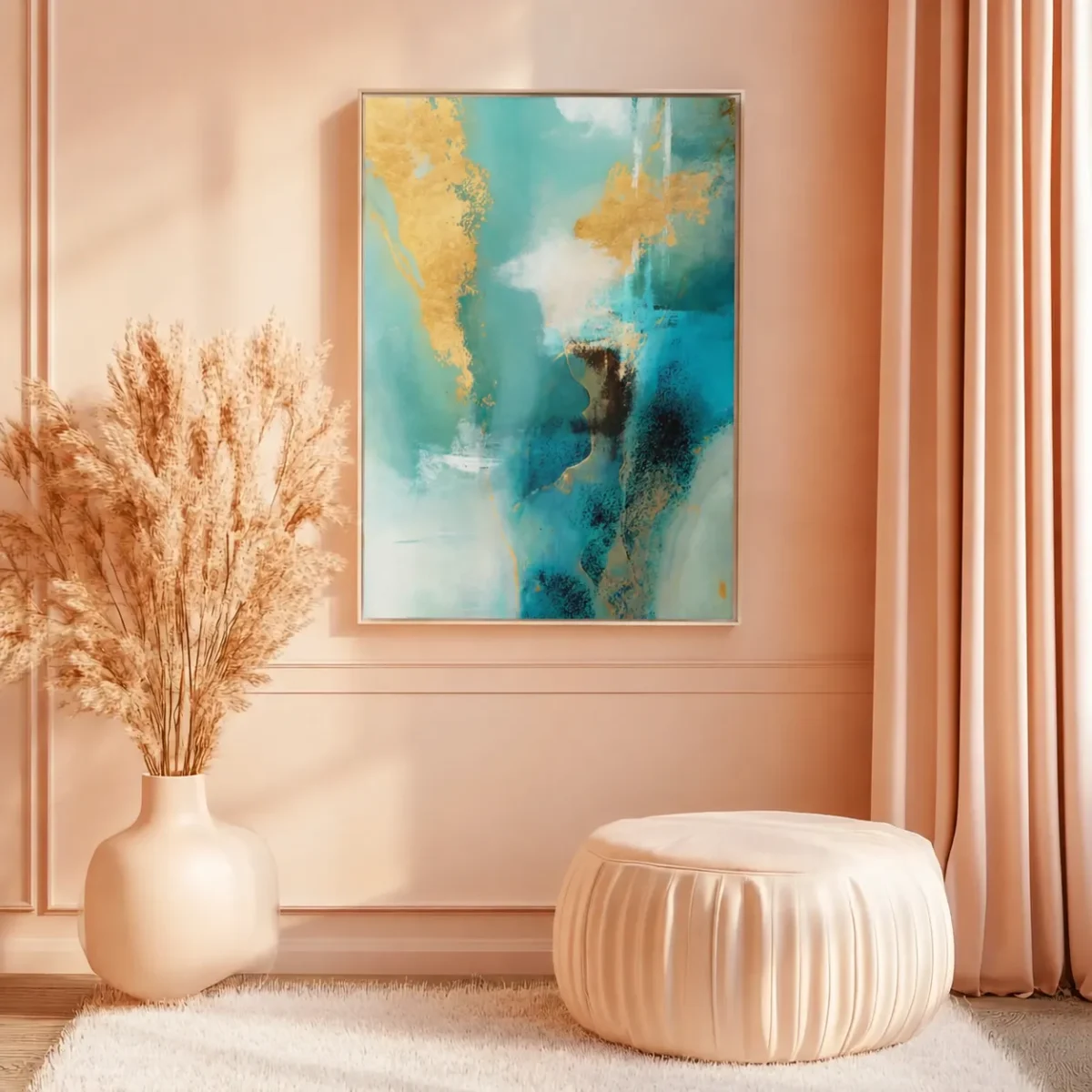 Teal Gold Framed Canvas Wall Art | Luxury Contemporary Abstract Matte Canvas Decor
