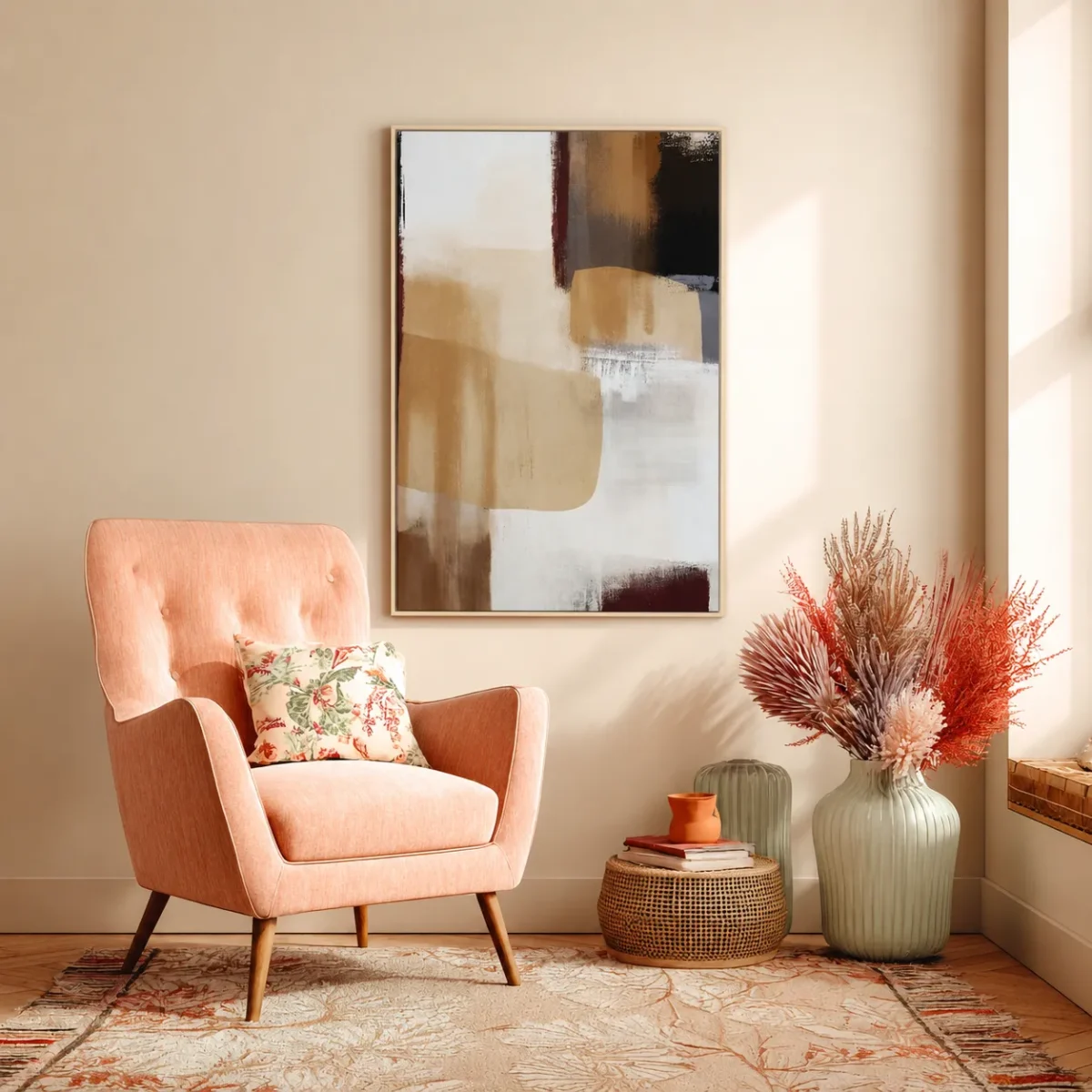 Neutral Abstract Framed Canvas Wall Art, Modern Earth Tone Matte Canvas for Contemporary Decor