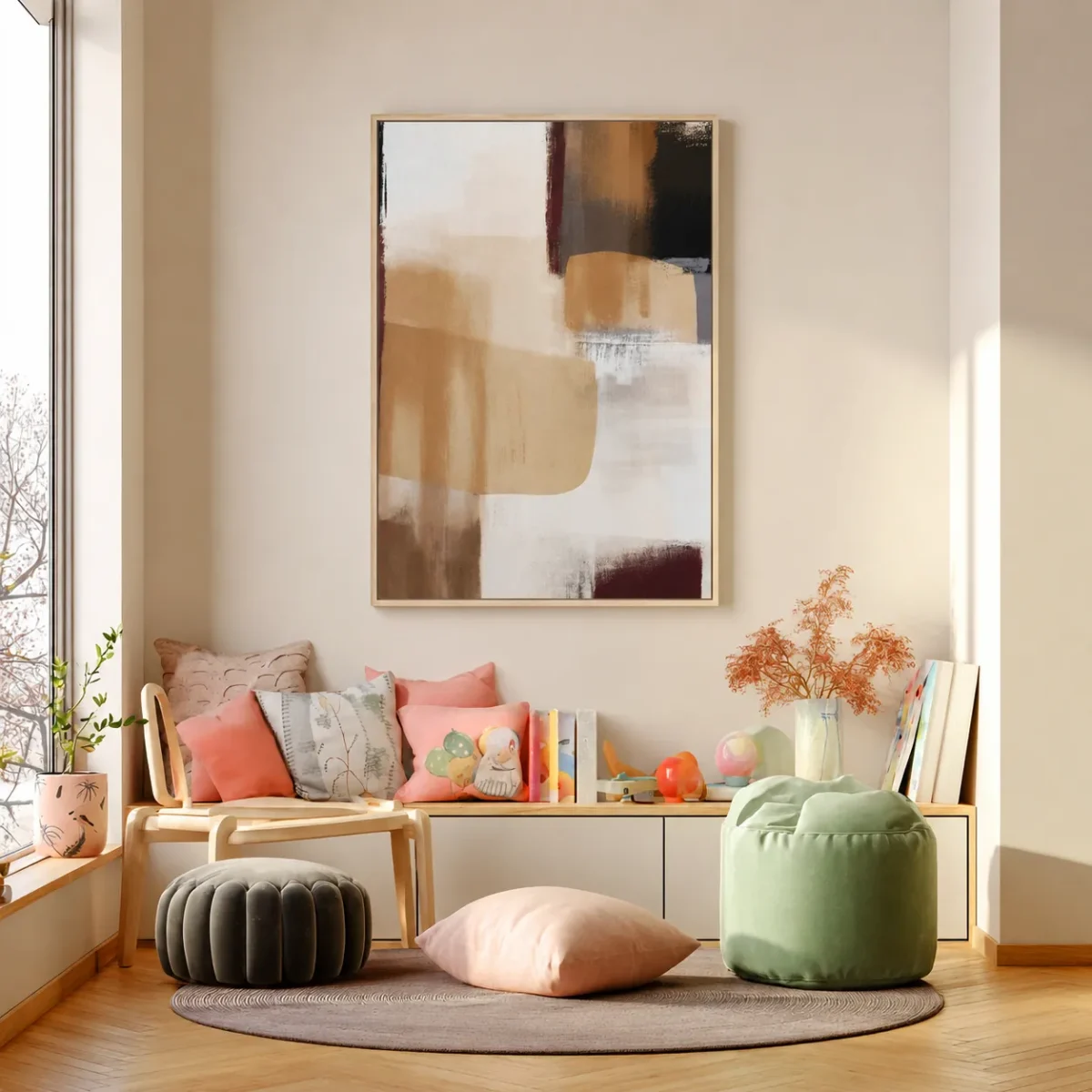 Neutral Abstract Framed Canvas Wall Art, Modern Earth Tone Matte Canvas for Contemporary Decor