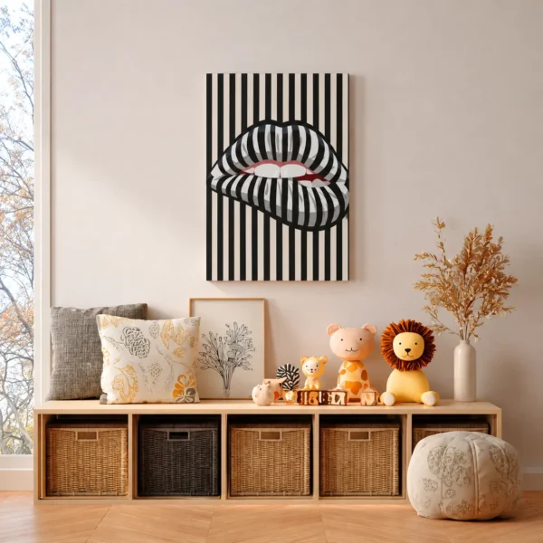 Striped Lip Canvas Wall Art, Modern Black and Cream Pop Art on Stretched Canvas