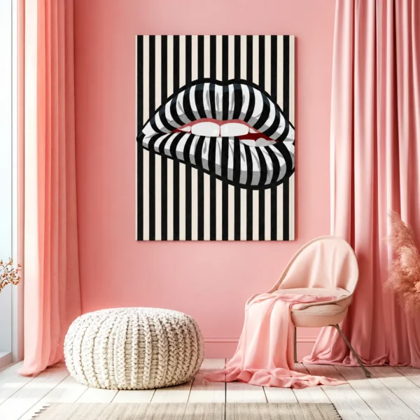 Striped Lip Canvas Wall Art, Modern Black and Cream Pop Art on Stretched Canvas