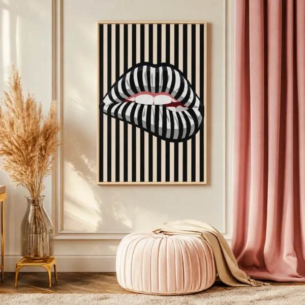Striped Lip Framed Canvas Wall Art, Black and Cream Modern Pop Art Decor