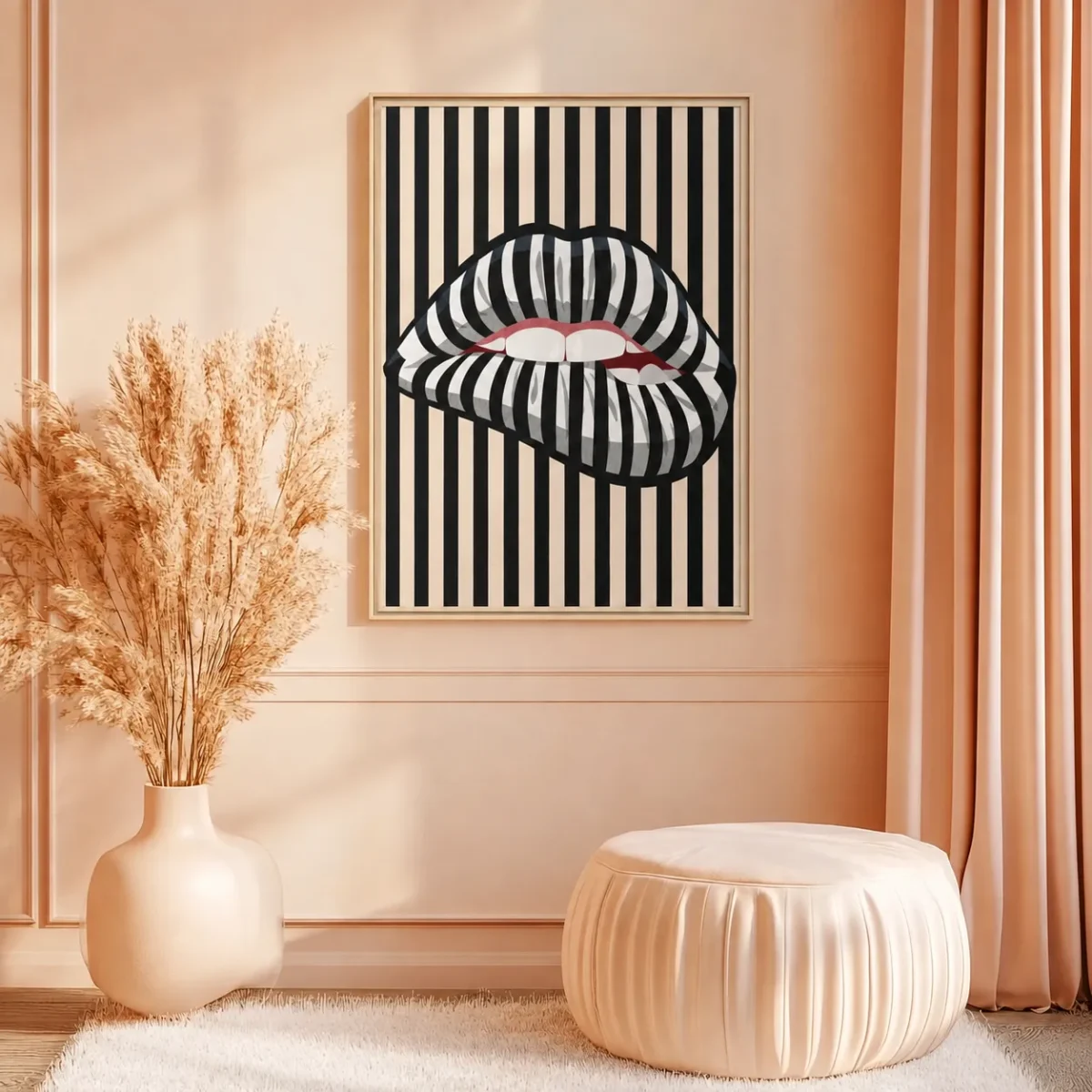 Striped Lip Framed Canvas Wall Art, Black and Cream Modern Pop Art Decor