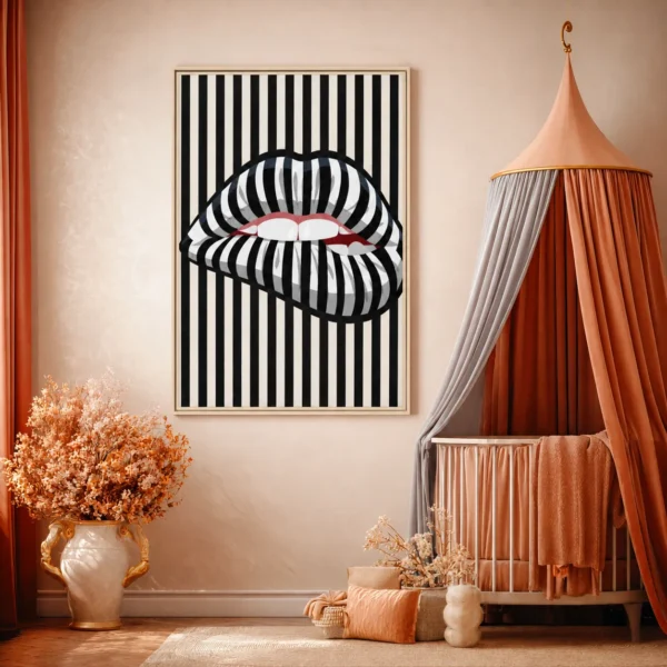 Striped Lip Framed Canvas Wall Art, Black and Cream Modern Pop Art Decor